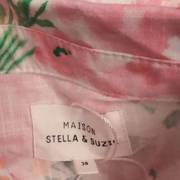 Nwot Floral Watercolor Pink White Button Down Blouse Small Maison Stella - Picture 3 of 7